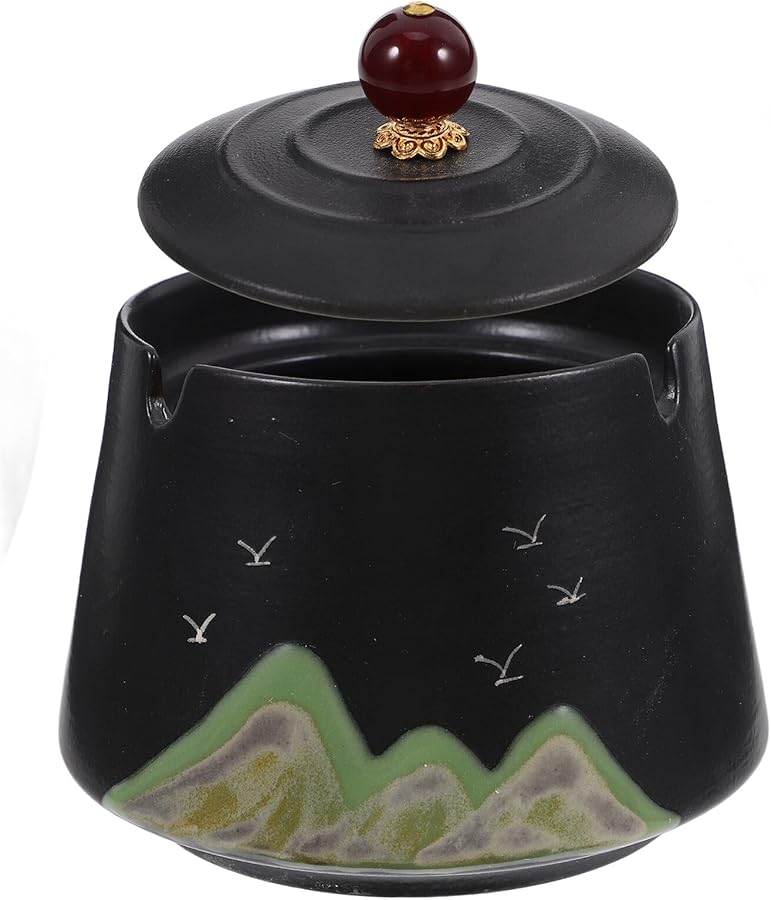 Hand Painted Ceramic Ashtray With Lid Windproof Outdoor Chinese Style Black Matte - Image 1